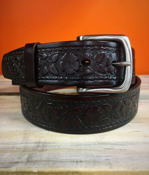 Floral Tooled ” 100 % Leather Belt ( Chocolate Brown ) | Ale Accessories