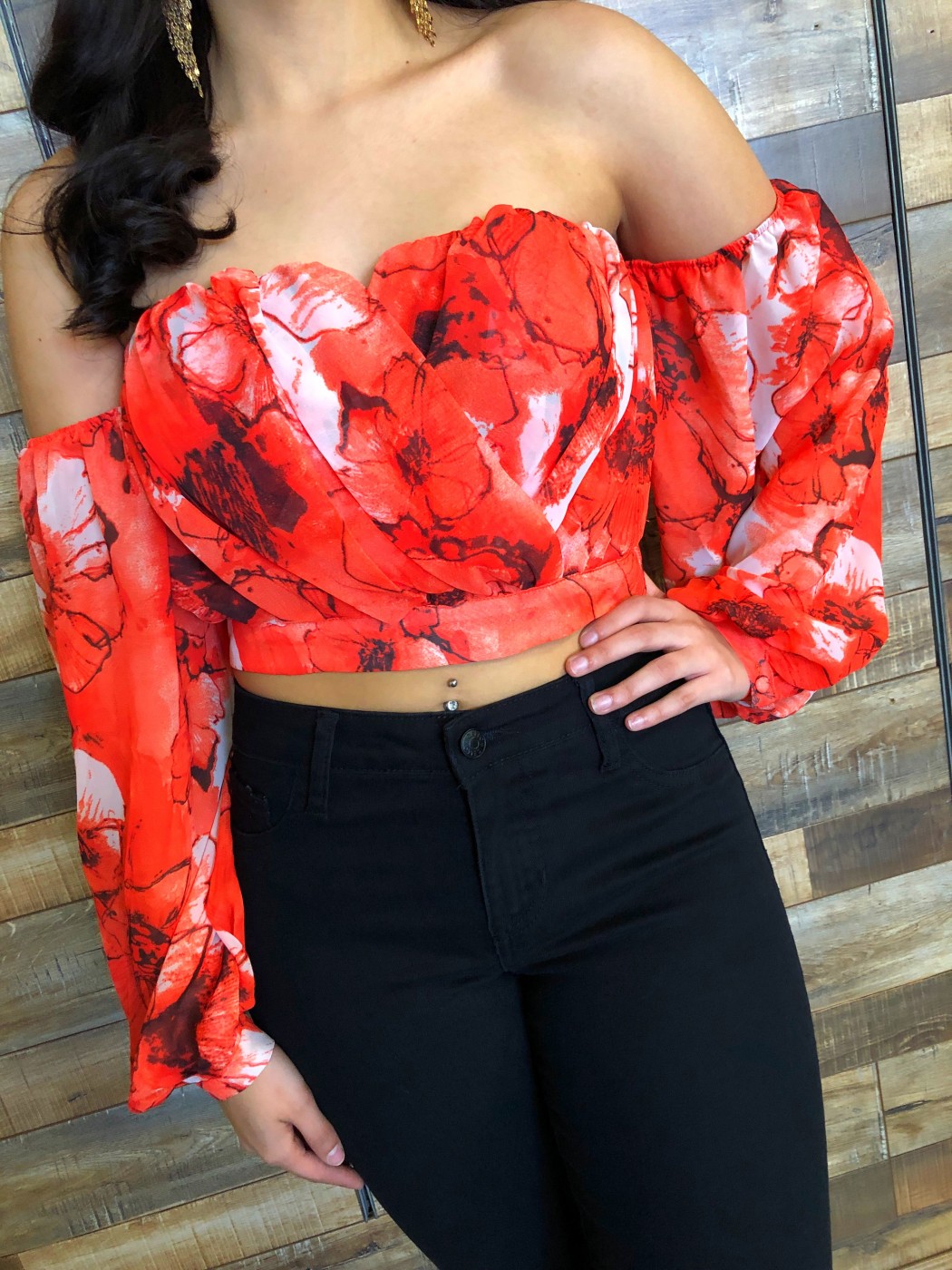 Jackie ” Strapless Floral Print Long Sleeve Crop Top ( Orange ) | Ale ...