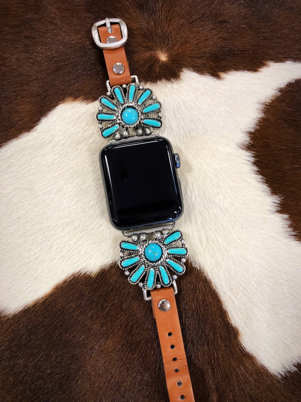 Phone Shop Highway ” Flower Concho Watch Band ( Brown / Turquoise )