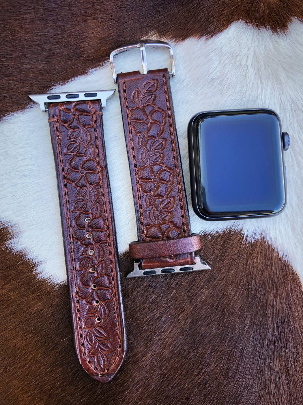 Florecita ” Tooled Leather Apple Watch Band ( Brown ) | Ale Accessories