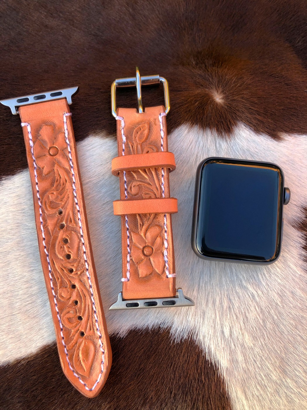 Hibiscus ” Tooled Leather Apple Watch Band ( Natural ) | Ale Accessories