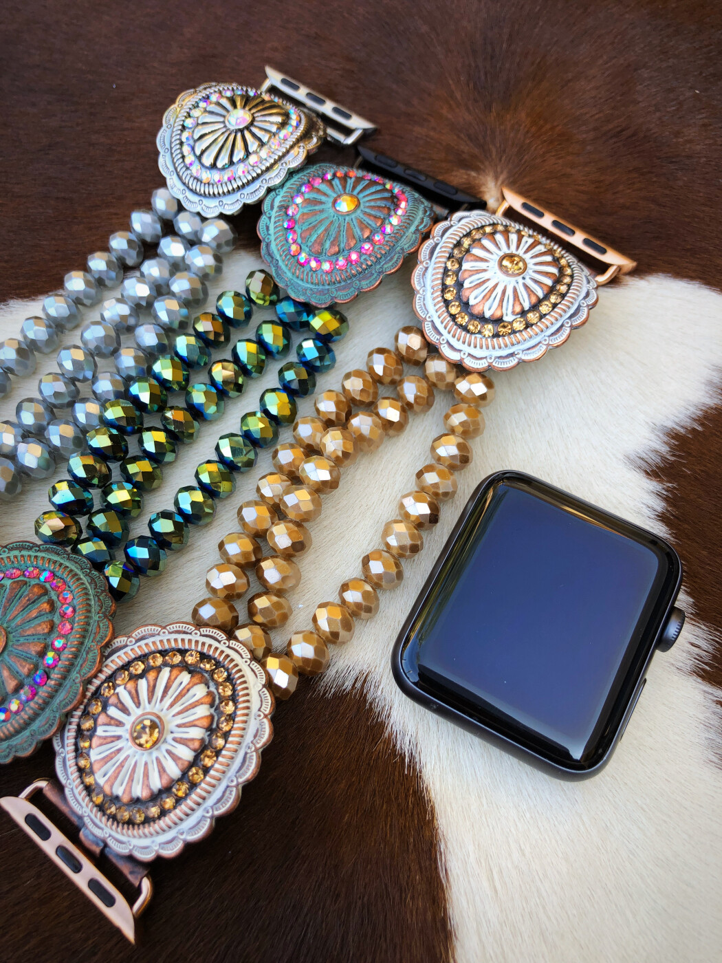 Girly Cowgirl ” Western Concho & Streatch Bead Watch Band ( Silver