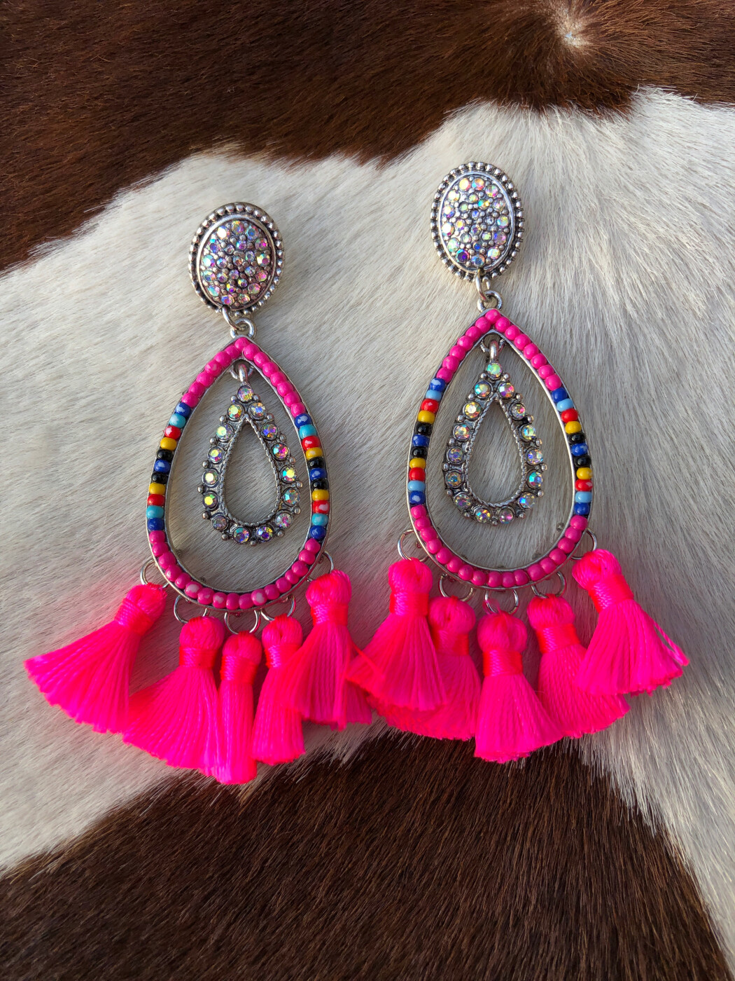 Edna ” Crystal Detail Tassel Earrings ( Neon Pink ) | Ale Accessories