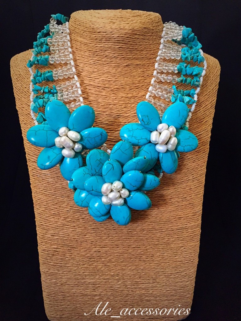 Triple Turquoise & White Flower Statement Necklace