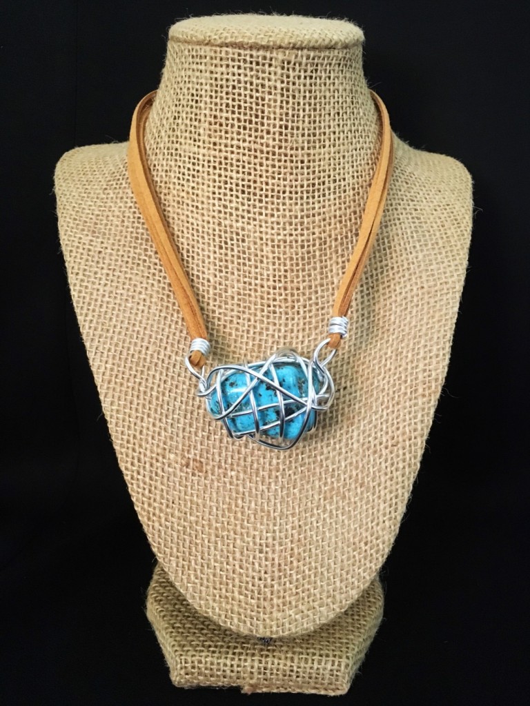 Turquoise Cage Stone & Leather Necklace