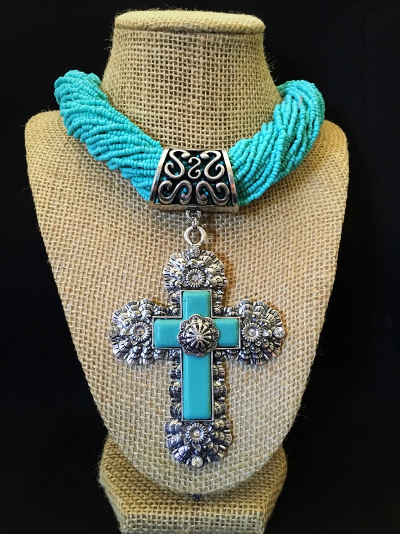 Beaded Western Cross Pendant Necklace