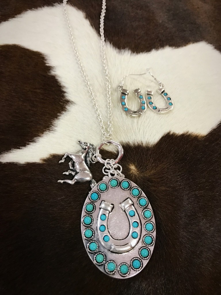Turquoise & Silver Horseshoe Pendant & Horse Charm Necklace Set
