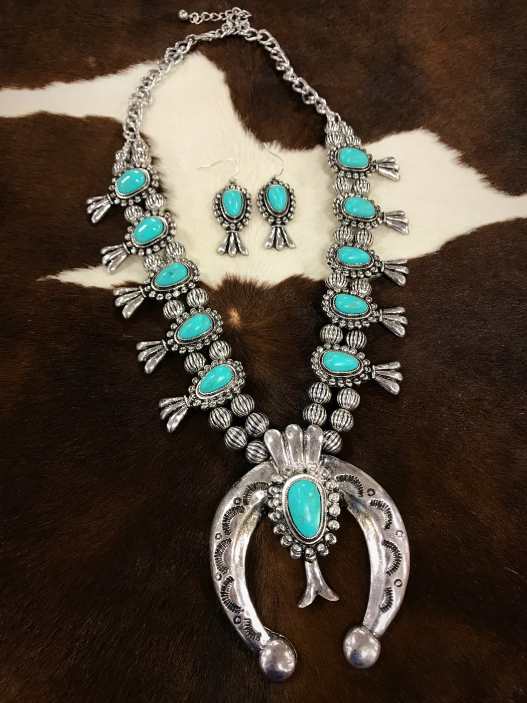 Boho Squash Blossom Statement Necklace Set Turquoise Silver