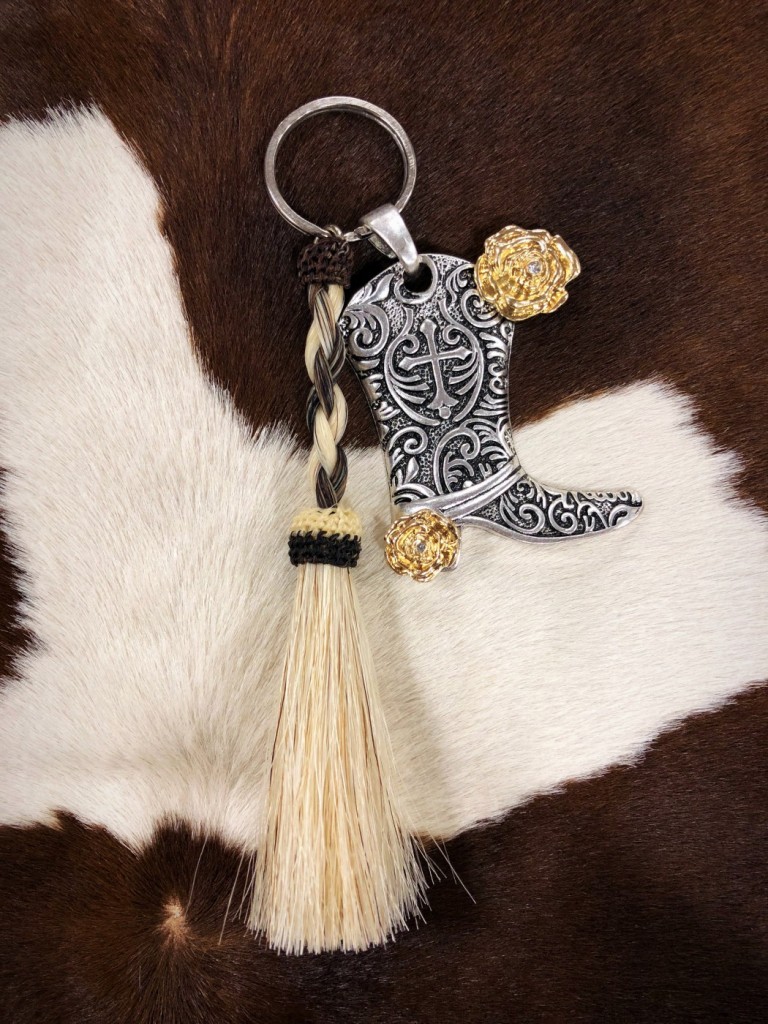 Custom ” Rose Cowgirl Boot ” Braided Horsehair Keychain ( Natural