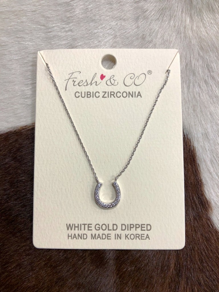 ” Horseshoe ” Cubic Zirconia White Gold Dipped Necklace ( Silver )