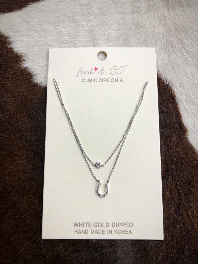 Layered Horseshoe ” Cubic Zirconia White Gold Dipped Necklace ( Silver