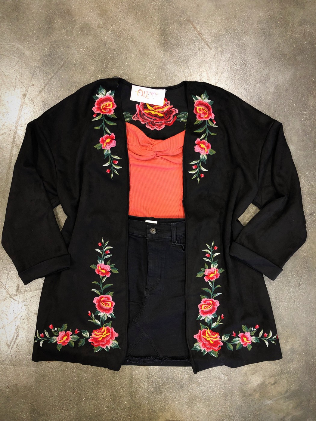 Suede Floral Embroidered Cuff Long Sleeve Jacket ( Black ) FINAL SALE