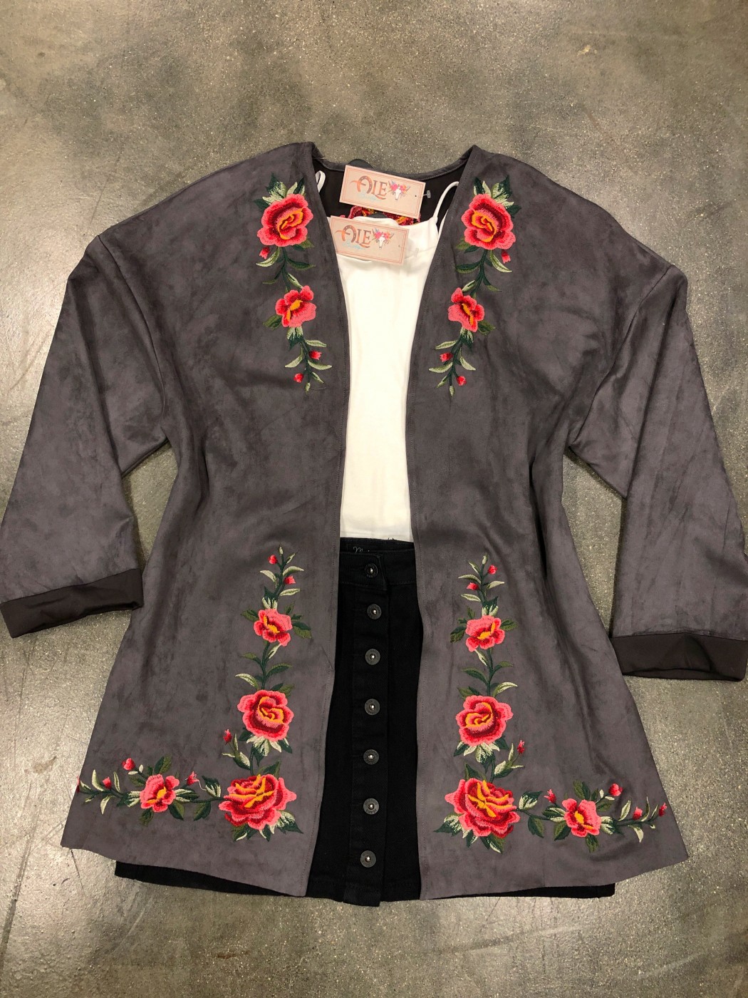 Suede Floral Embroidered Cuff Long Sleeve Jacket ( Gray ) FINAL SALE