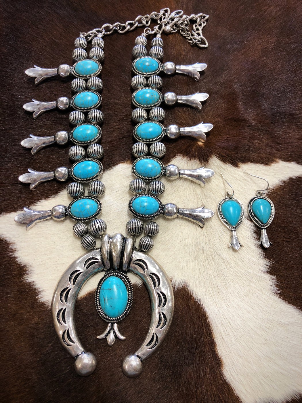 Austin ” Navajo Squash Blossom Necklace Set ( Turquoise / Silver