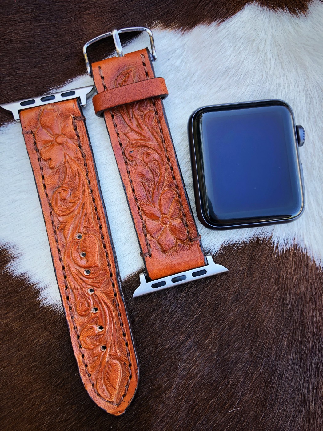 Hibiscus ” Tooled Leather Apple Watch Band ( Camel ) – Ale Accessories