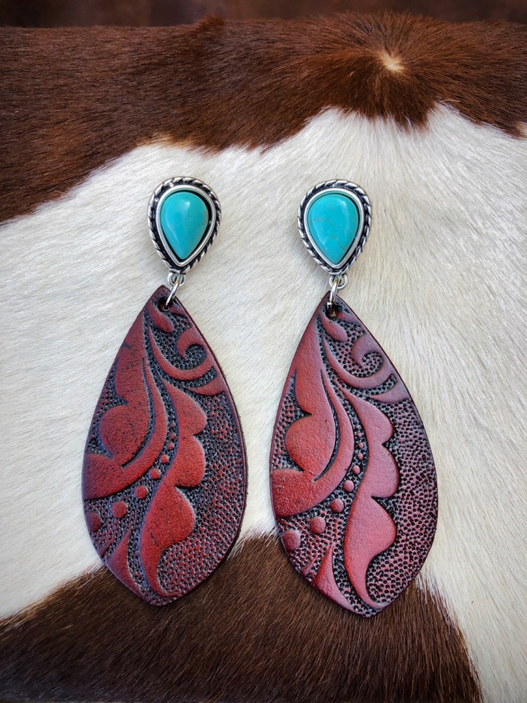 western tooled leather earrings