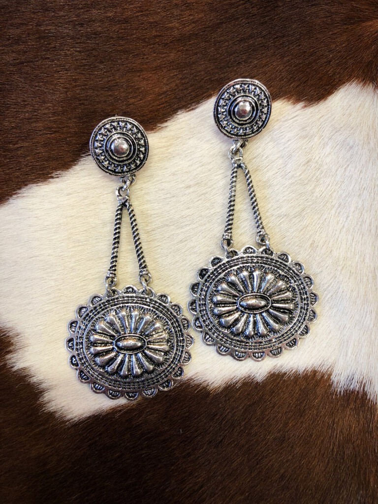 Western Rope & Concho Drop Earrings ( Silver )