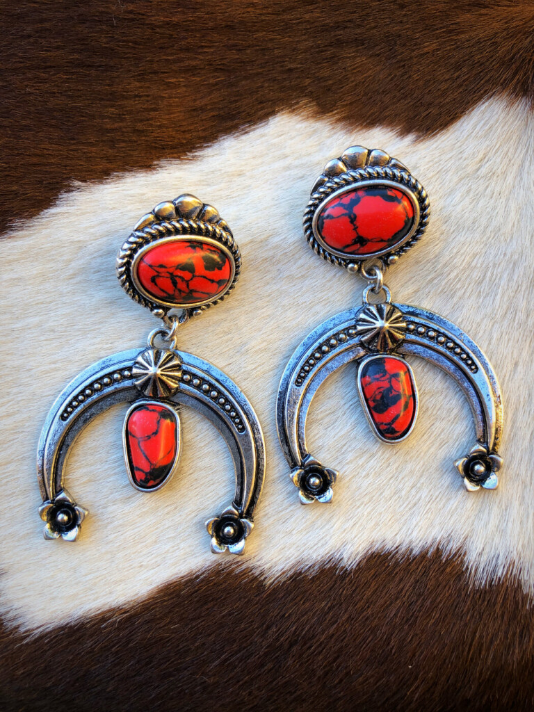 ” Leslie ” Large Squash Blossom Earrings ( Antique Silver / Red )