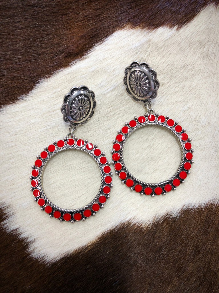 ” Ronnie ” Epoxy Western Concho Earrings ( Red )