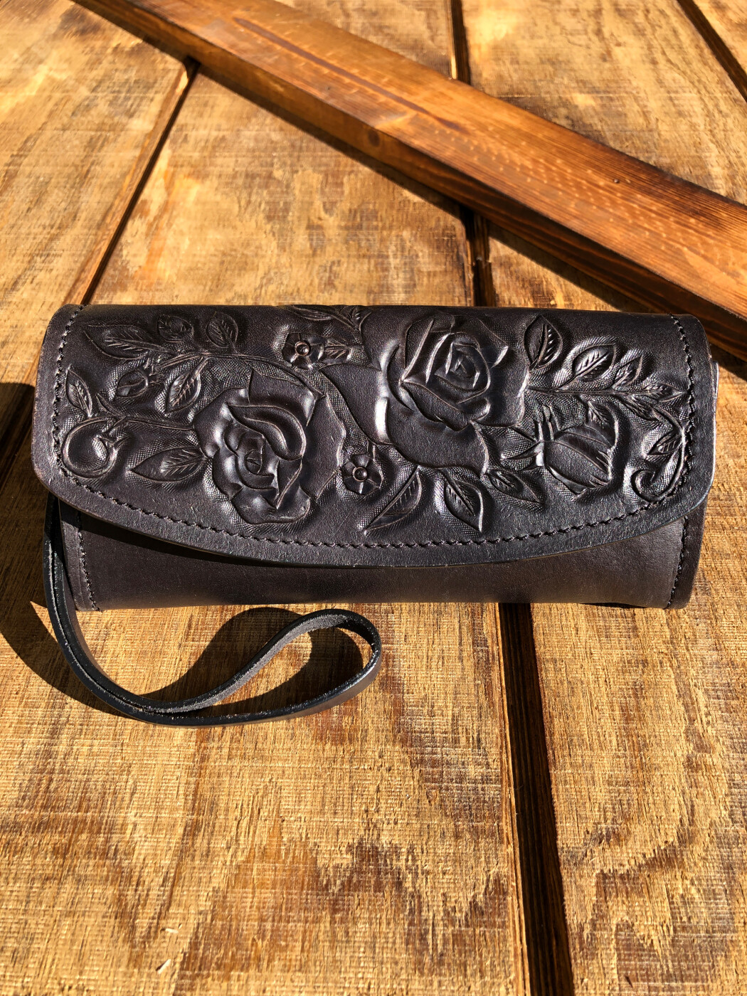 Handcrafted Leather Billfold with Zipper Pouch and Snap Closure Black