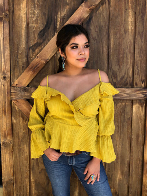 Marisol ” Open Shoulder & Wrap Side Tie Long Sleeve Top ( Mustard ...