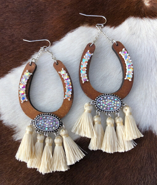 Wood Horseshoe ” Western Tassel Earrings ( Pearl ) | Ale Accessories