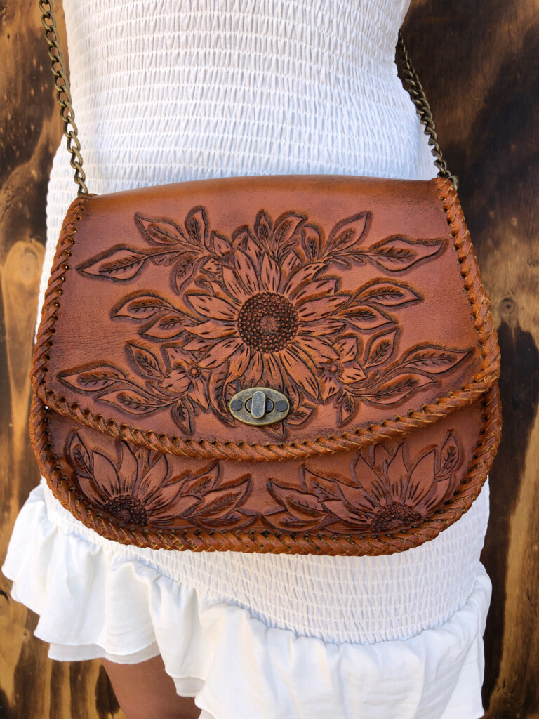 Julieta ” Women’s Handmade Tooled Leather Crossbody Bag ( Honey ) Ale