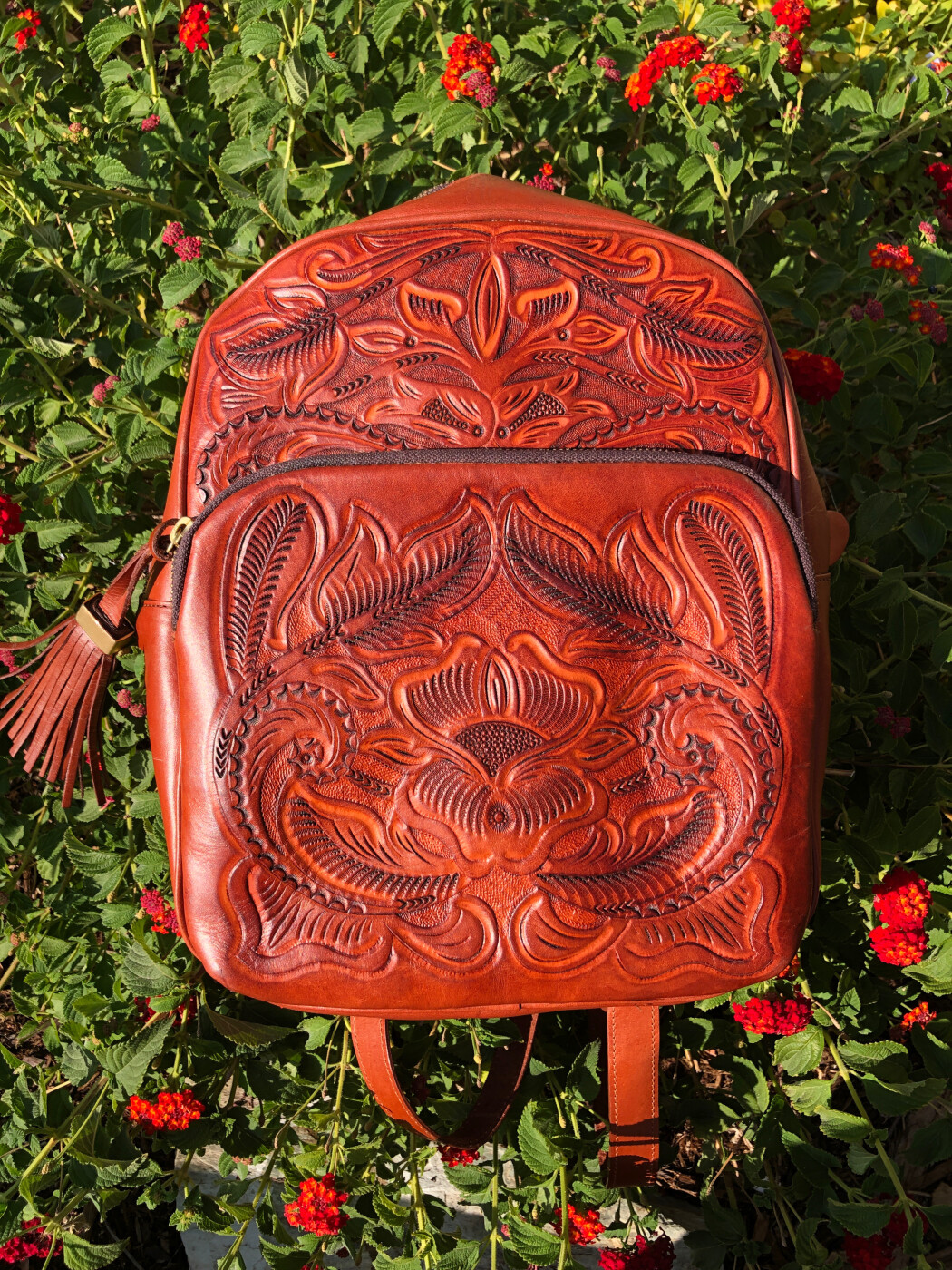 Tooled Flap Leather Backpack - Accessorize In Style