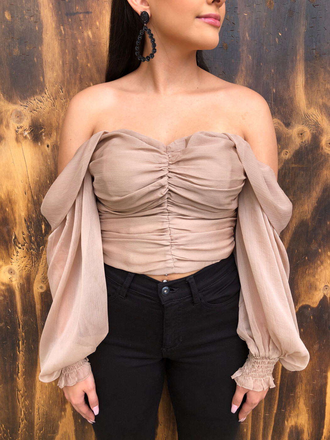 Anabel  Off Shoulder Ruched Woven Puff Sleeve Top ( Nude 
