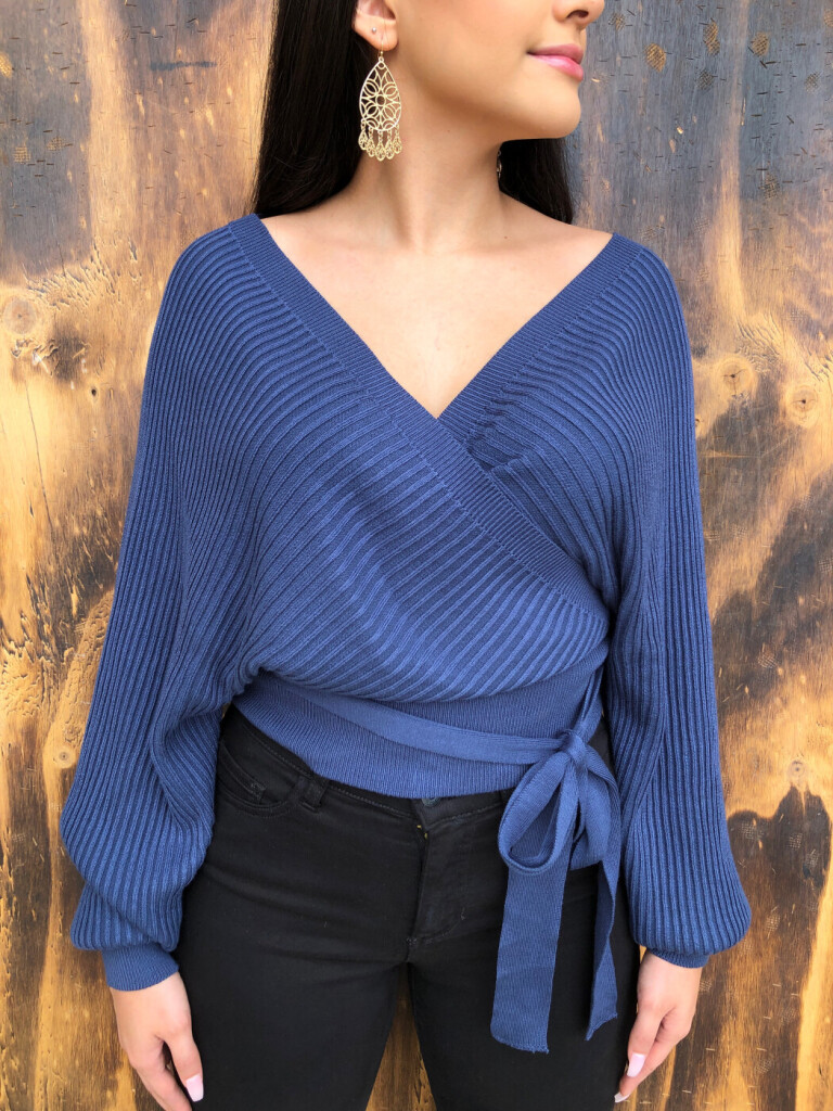 Chely ” Ribbed Knit Long Sleeve Wrap Sweater ( Blue Stone ) – Ale ...