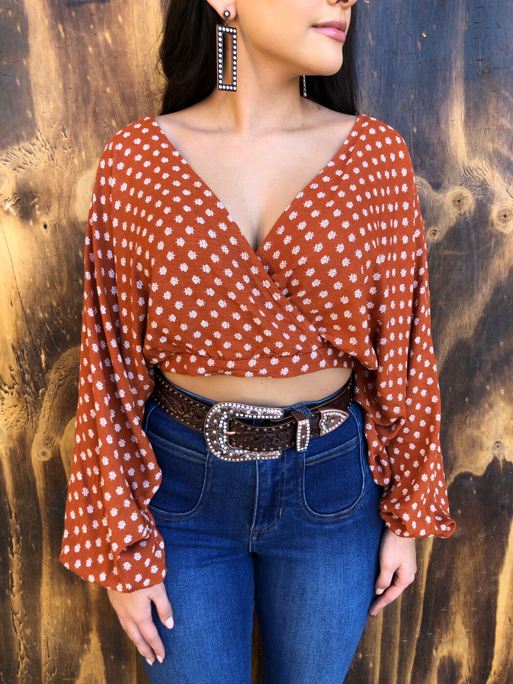 Paloma  Floral Print Crop Top Balloon Sleeve ( Rust )