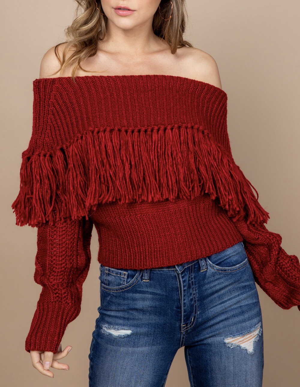 Joanne ” Off Shoulder Fringed Knit Sweater ( Dark Red ) Ale Accessories