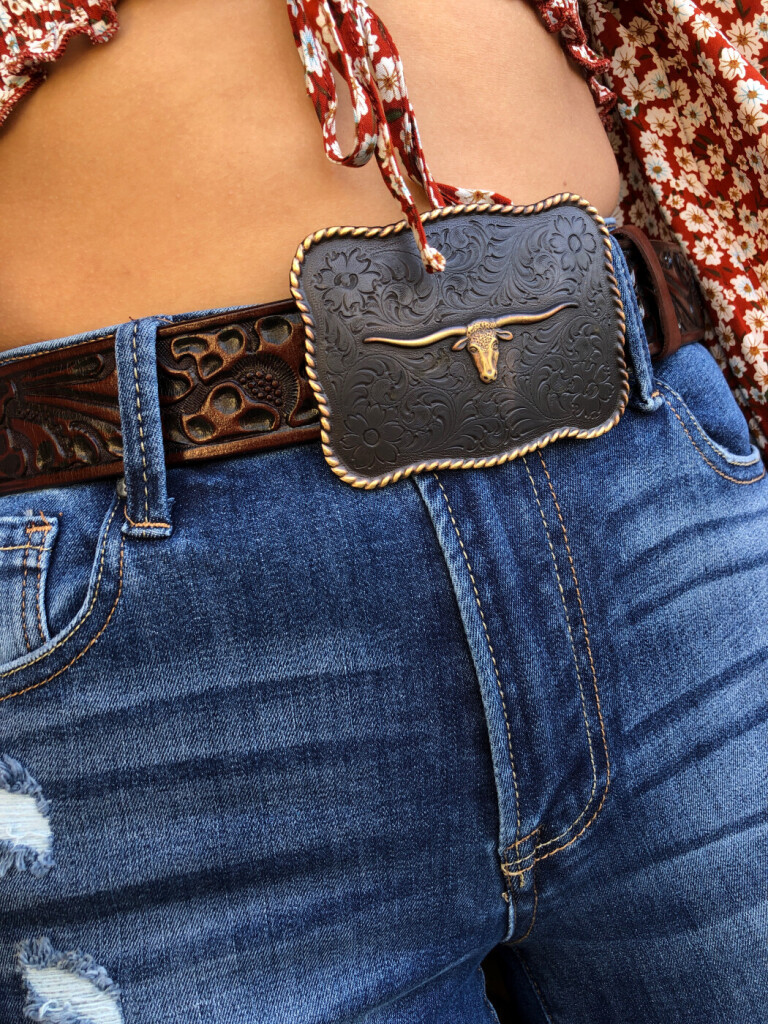 Cowgirl ” Floral Detail & Longhorn Buckle Belt ( Chocolate Brown ...