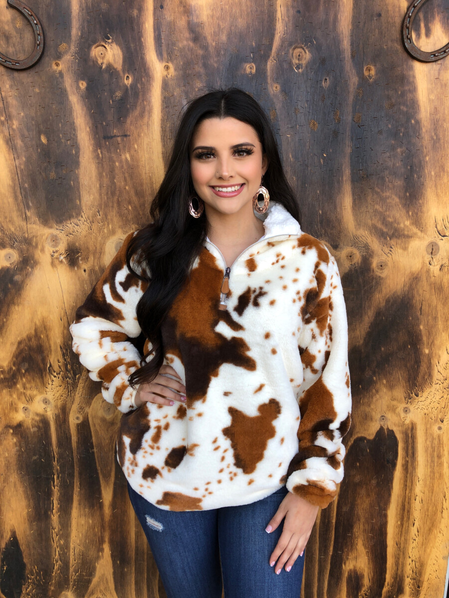Cow Print Faux Fur Pullover ( Brown 