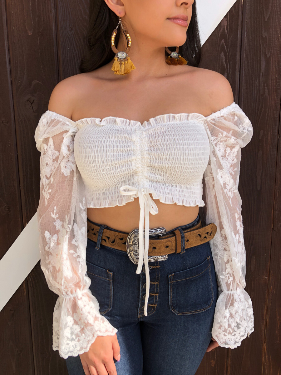 Sasha ” Ruched Sheer Lace Long Sleeve Crop Top ( White ) FINAL