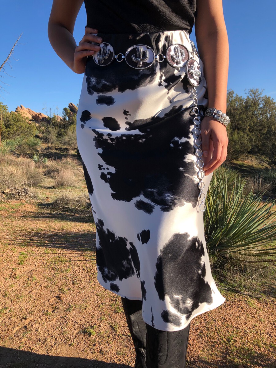 Cow Print Satin Midi Skirt