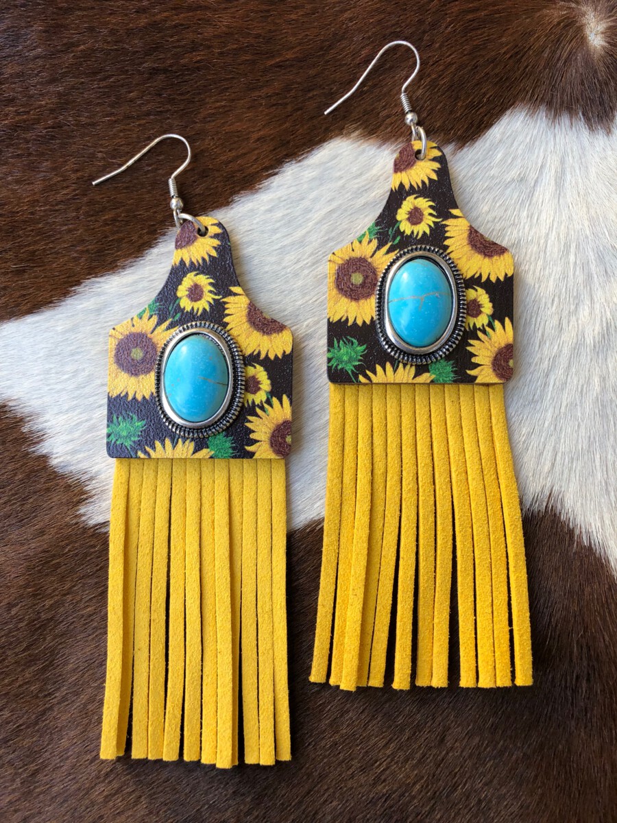 Cattle Tag ” Sunflower Leather Tassel Earrings ( Yellow ) – Ale Accessories