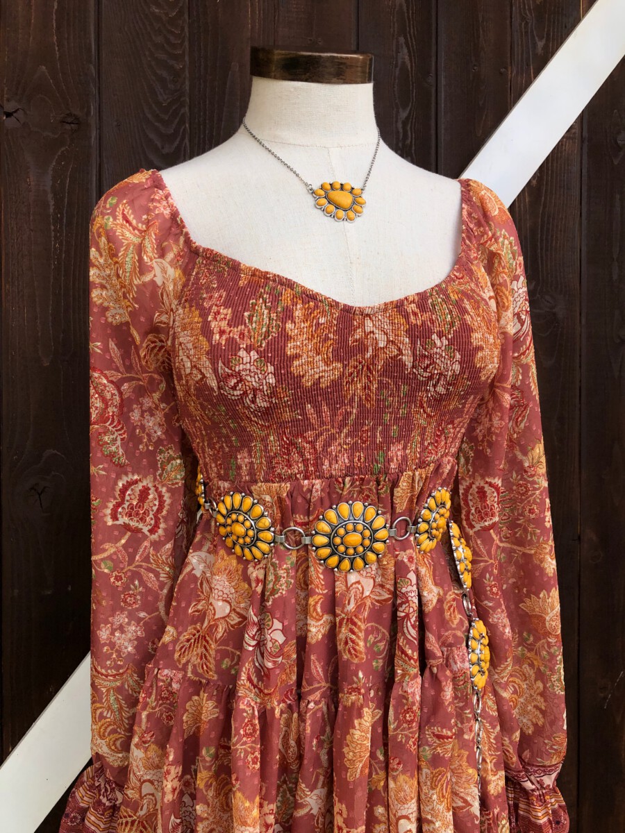 Bexley ” Smocked Floral Dress ( Rust ) Ale Accessories