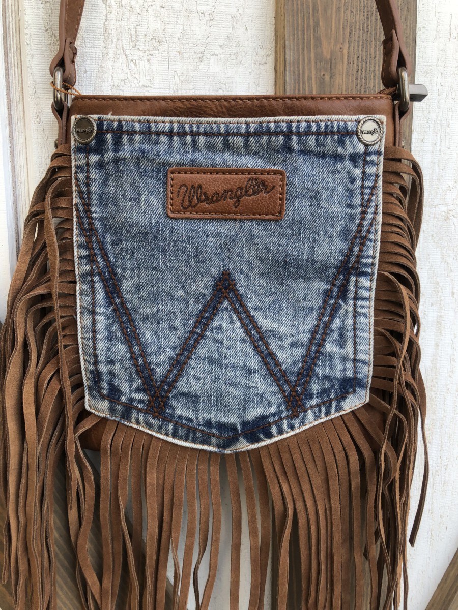 Wrangler Leather Fringe Jean Denim Pocket Crossbody Brown