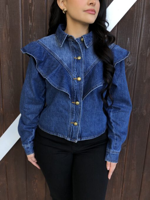 Allie” Diagonal Ruffled Long Sleeves Denim Jacket ( Blue ) – Ale